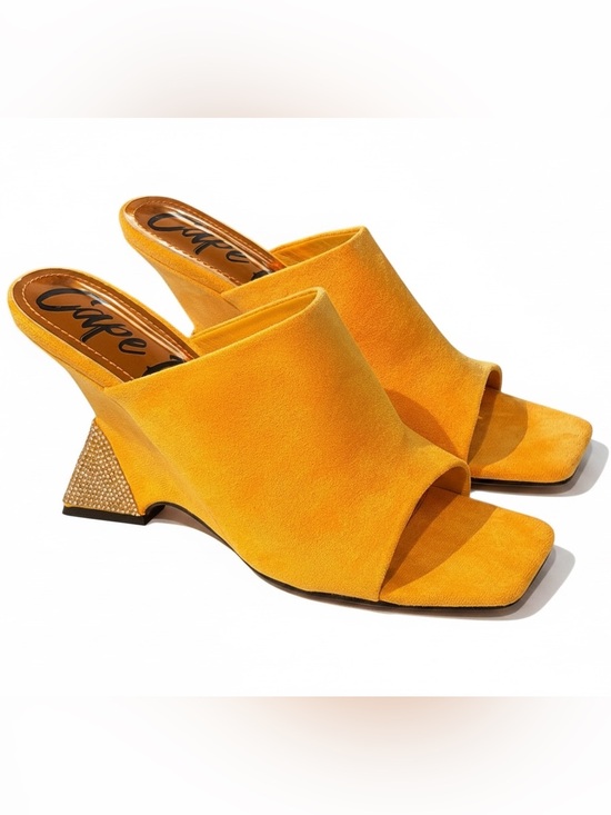 Cape Robbin Shoes - Cape Robbin Orange Yellow Suede Open-Toe Mules with Embellished Block Heel